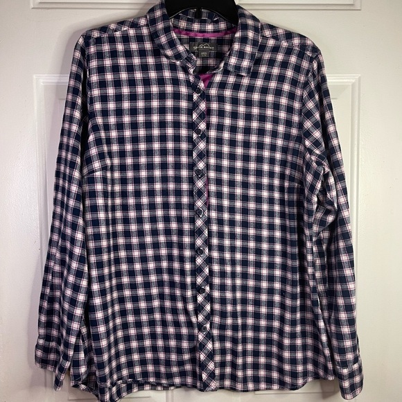 Eddie Bauer button Down checked in purple, blue and white . - Picture 1 of 5